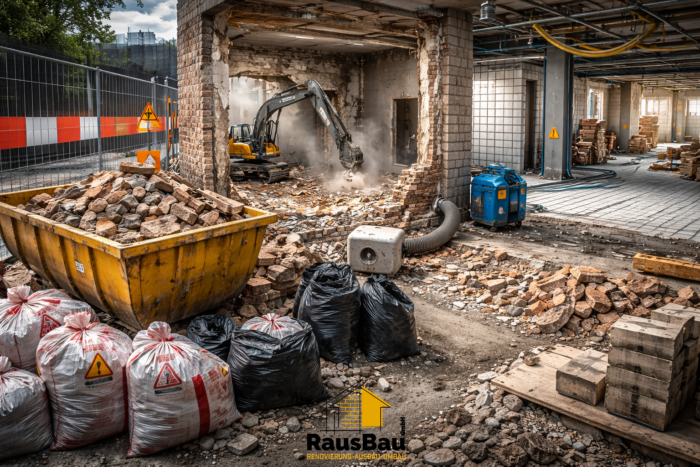 Baustelle während Demontage, Abriss und Rohbau: abgesperrter Bereich, Abbruchgerät, Bauschuttcontainer, verpackte Abfälle sowie sichtbare Rohinstallationen; die Arbeiten werden im Projektkontext von der RausBau GmbH koordiniert.