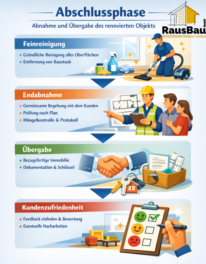 Feinreinigung, Endabnahme mit dem Kunden, Übergabe mit Schlüssel und Dokumentation sowie Einholen von Feedback und ggf. Nacharbeiten – umgesetzt im Arbeitsalltag der RausBau GmbH.