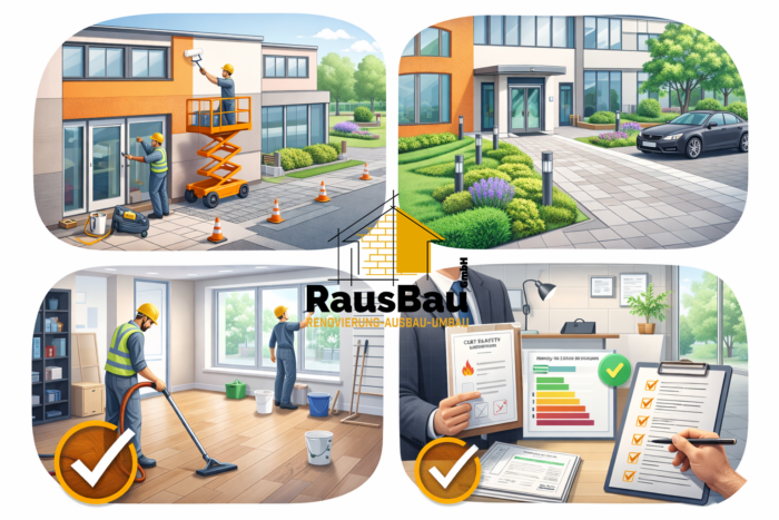 Fassaden- und Außenanlagenarbeiten mit erneuerten Fenstern/Türen, gestaltetem Eingangsbereich und Beleuchtung sowie Abschlussphase mit Endreinigung, Möblierung, technischer Feinabstimmung, Abnahme und Dokumentation; die Umsetzung erfolgt im Projektkontext durch die RausBau GmbH.