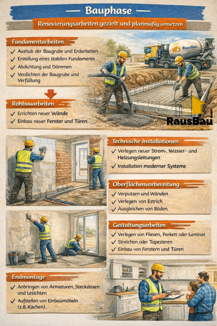 Ein Mitarbeiter bzw. Bauleiter der RausBau GmbH setzt die Arbeiten nach Plan um – von Fundament- und Rohbauarbeiten über Strom-, Wasser- und Heizungsinstallationen bis zu Putz, Estrich, Bodenaufbau, Fliesen, Malerarbeiten, Fenster-/Türeinbau und Endmontage mit Armaturen, Steckdosen, Leuchten und Einbaumöbeln.