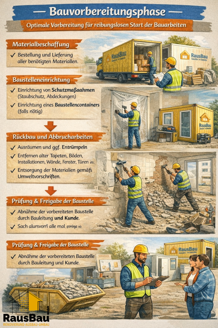 Ein Mitarbeiter bzw. Bauleiter der RausBau GmbH organisiert Materialbestellungen und Lieferungen, richtet Staubschutz und Abdeckungen ein, koordiniert Rückbau und Entsorgung nach Umweltvorschriften und nimmt die vorbereitete Baustelle gemeinsam mit dem Kunden ab.