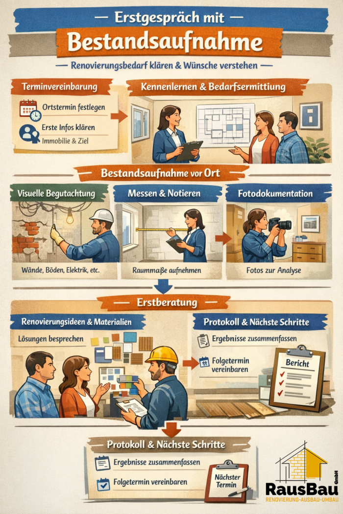 Erstgespräch mit Bestandsaufnahme: RausBau GmbH klärt vor Ort Renovierungsumfang, Wünsche und Budget, prüft Bauteile und Installationen, nimmt Maße, erstellt Fotodokumentation, berät zu Lösungen und vereinbart die nächsten Schritte bis zum Kostenvoranschlag.