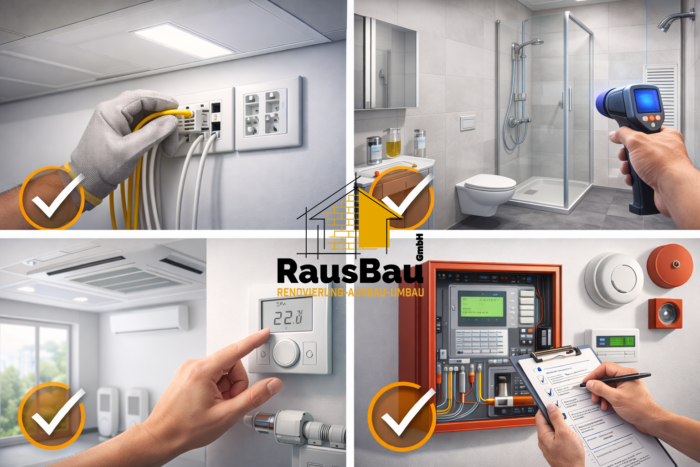 Abschluss und Prüfung der Haustechnik: fertig angeschlossene Elektro- und EDV-Punkte, montierte Sanitäranlagen, justierte Heizungs-/Klimatechnik sowie kontrollierte Brandschutzsysteme; die Koordination und Umsetzung erfolgt im Projektkontext durch die RausBau GmbH.