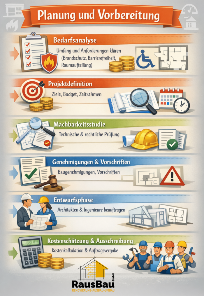 Planung und Vorbereitung eines Renovierungs- oder Umbauprojekts: Bedarfsanalyse, Projektdefinition, Machbarkeitsprüfung, Genehmigungen, Entwurf sowie Kostenkalkulation und Ausschreibung – umgesetzt durch die RausBau GmbH.