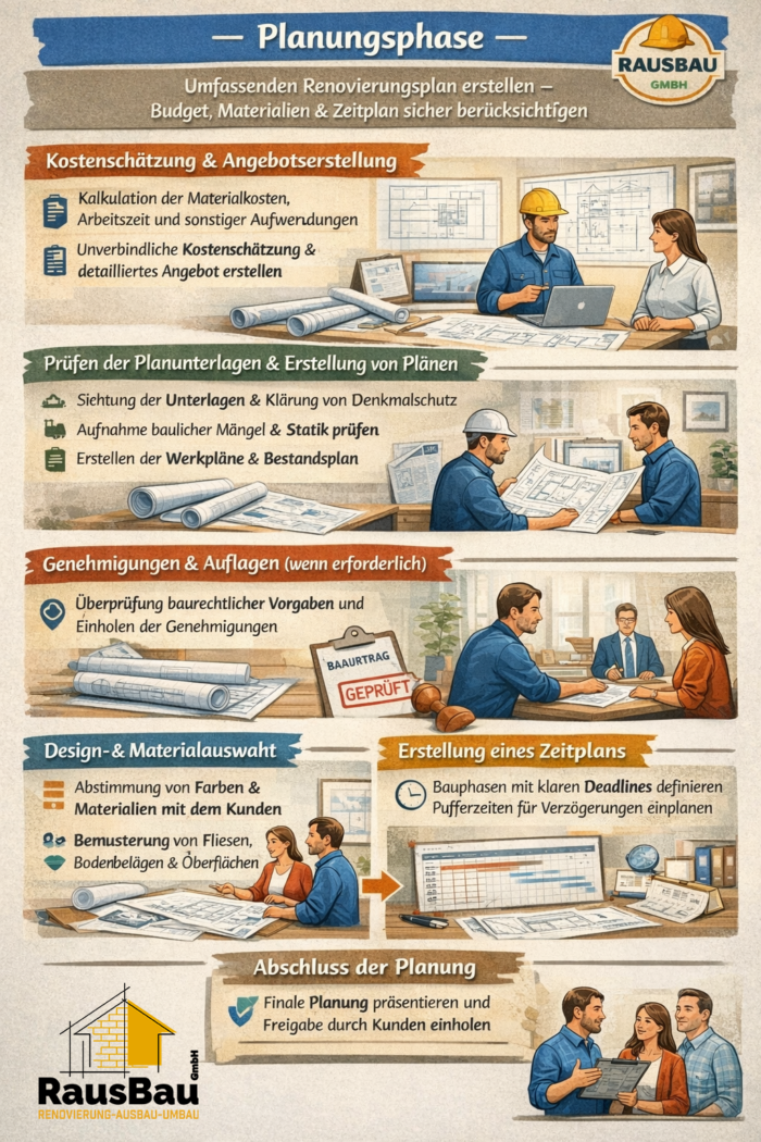 Planungsphase der Renovierung: Ein Mitarbeiter bzw. Bauleiter der RausBau GmbH kalkuliert Kosten, erstellt ein detailliertes Angebot, prüft Unterlagen und Statik, klärt Genehmigungen, stimmt Design und Materialien ab, plant Bauphasen mit Pufferzeiten und holt die Freigabe des Bauherrn ein.