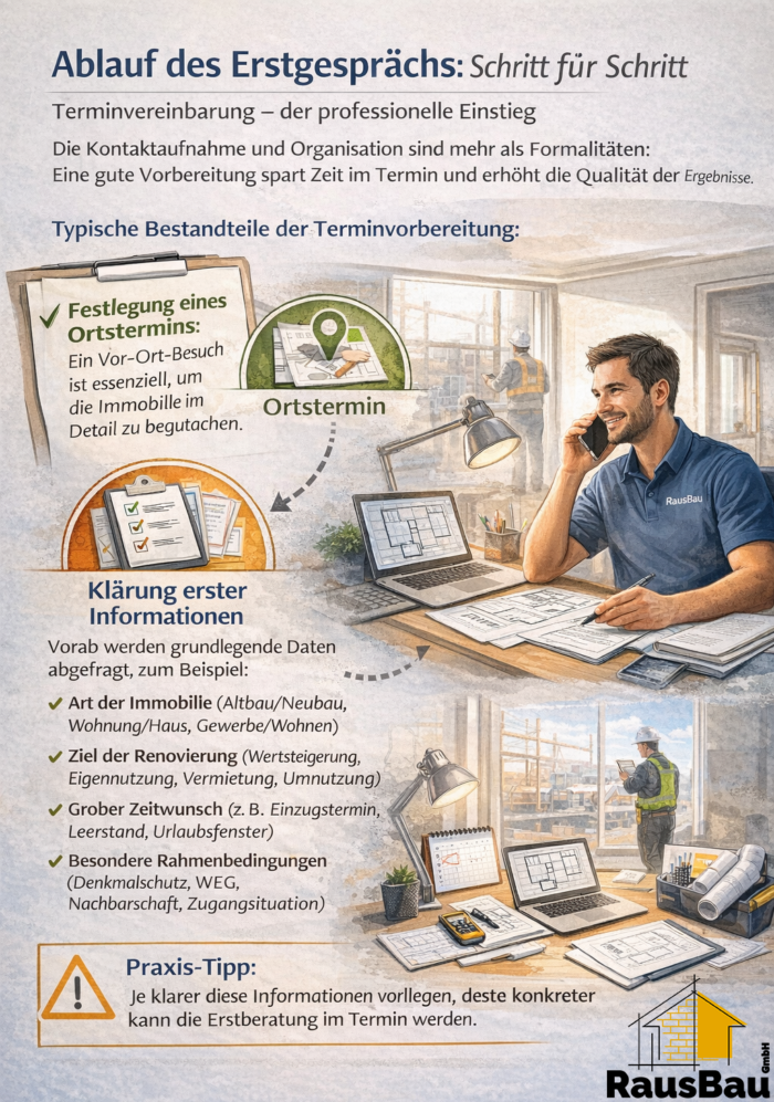 Ein Mitarbeiter koordiniert die Terminvereinbarung für das Erstgespräch, sammelt vorab Eckdaten zur Immobilie und zum Renovierungsziel und plant den Ortstermin für eine fundierte Erstberatung – im Ablauf von RausBau GmbH.