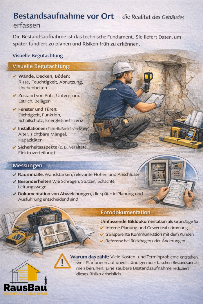 Ein Bauleiter prüft bei der Bestandsaufnahme Wände, Decken und Böden auf Schäden, misst relevante Maße und dokumentiert Fenster, Türen und Haustechnik mit Fotos – als Arbeitsstandard bei RausBau GmbH.