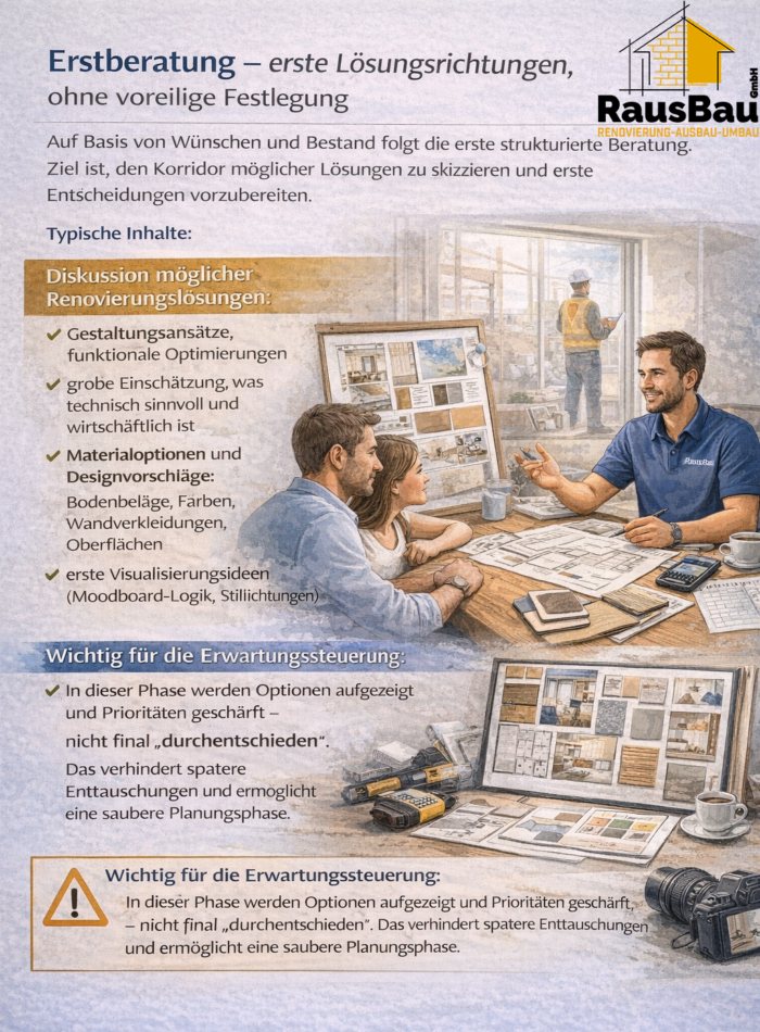 Ein Mitarbeiter bespricht im Ersttermin erste Renovierungsoptionen, ordnet Prioritäten und zeigt Material- und Designideen, ohne Entscheidungen vorwegzunehmen – als Beratungsstandard bei RausBau GmbH.