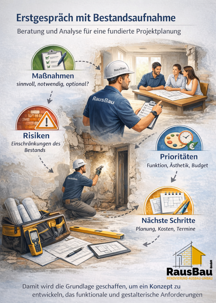 Ein Bauleiter erfasst beim Erstgespräch mit Bestandsaufnahme Anforderungen, prüft den Zustand vor Ort und hält Maßnahmen, Risiken, Prioritäten sowie nächste Schritte fest – umgesetzt durch RausBau GmbH.