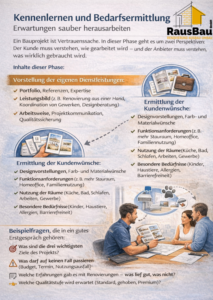 Ein Mitarbeiter führt im Erstgespräch die Bedarfsermittlung durch, erklärt Leistungen und Arbeitsweise und erfragt Design-, Funktions- und Budgetwünsche – im Beratungsprozess von RausBau GmbH.