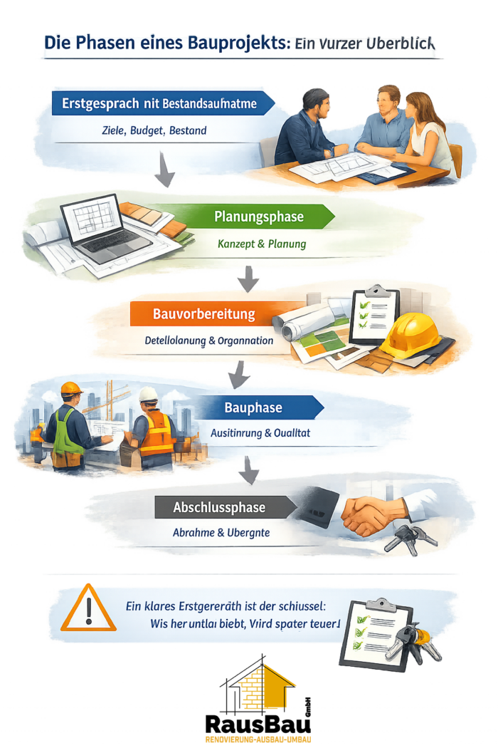 Übersicht der Phasen eines Bauprojekts: Erstgespräch mit Bestandsaufnahme, Planungsphase, Bauvorbereitung, Bauphase und Abschlussphase – RausBau GmbH strukturiert den Ablauf für sichere Entscheidungen.