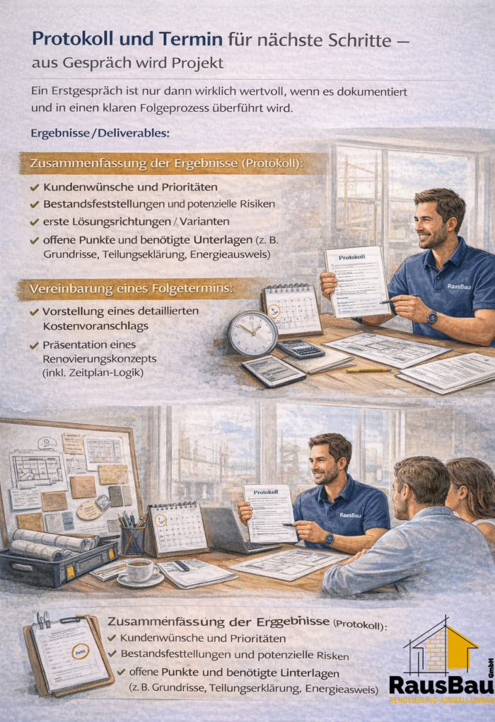 Ein Mitarbeiter dokumentiert nach dem Erstgespräch die Ergebnisse im Protokoll, hält Kundenwünsche, Risiken und offene Unterlagen fest und vereinbart den Folgetermin für Kostenvoranschlag und Renovierungskonzept – im Ablauf von RausBau GmbH.