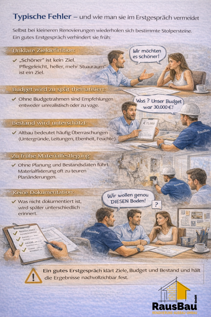 Ein Bauleiter benennt typische Fehler bei Renovierungen und sichert im Erstgespräch klare Ziele, frühen Budgetrahmen, realistische Bestandsannahmen, sinnvolle Materialentscheidungen und eine saubere Dokumentation – im Prozess von RausBau GmbH.