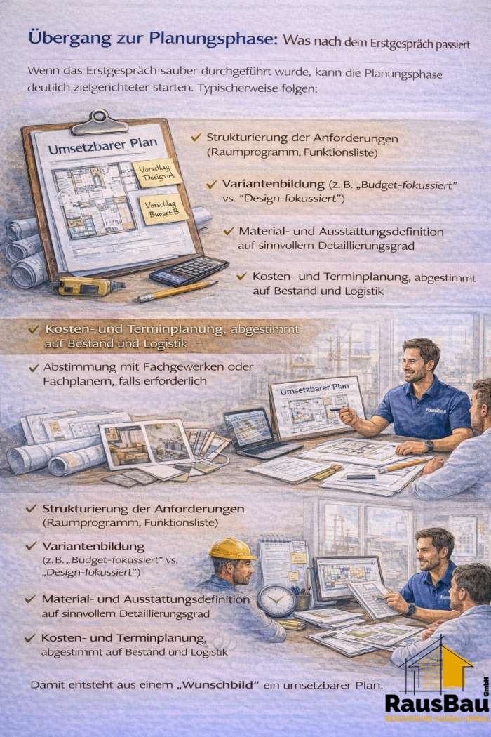 Ein Mitarbeiter strukturiert nach dem Erstgespräch die Anforderungen, entwickelt Varianten und definiert Materialien, Kosten und Termine, damit aus dem Wunschbild ein umsetzbarer Plan entsteht – im Planungsprozess von RausBau GmbH.