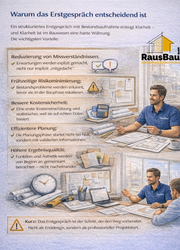 Ein Mitarbeiter erläutert im Erstgespräch die Vorteile einer strukturierten Bestandsaufnahme: weniger Missverständnisse, früh erkannte Risiken, realistischere Kosten, effizientere Planung und höhere Ergebnisqualität – im Vorgehen von RausBau GmbH.