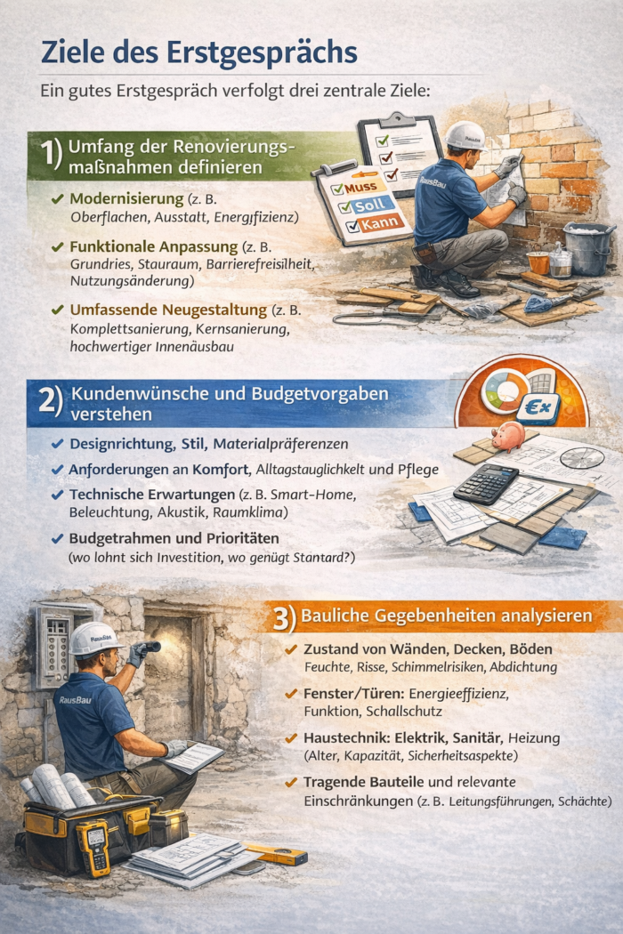 Ein Bauleiter klärt im Erstgespräch Ziele und Budget, ordnet Maßnahmen in Muss/Soll/Kann ein und prüft den Bestand auf Risiken und technische Einschränkungen – im Projektalltag von RausBau GmbH.
