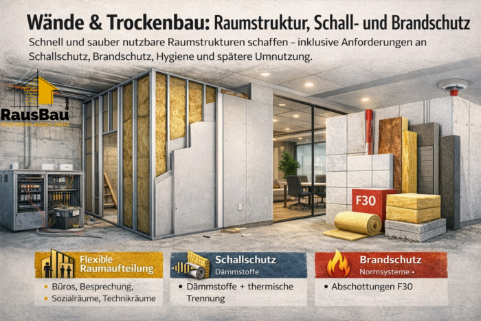 Trockenbauwand im Gewerbebau mit Metallständer, Beplankung und Mineralwolle-Dämmung – Fokus auf Raumstruktur, Schallschutz und Brandschutz im Innenausbau.